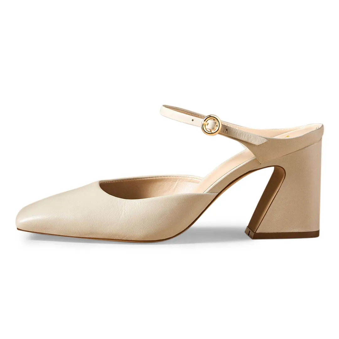 Vegan Leather Square Toe Block Heel Mary Janes in Off-White