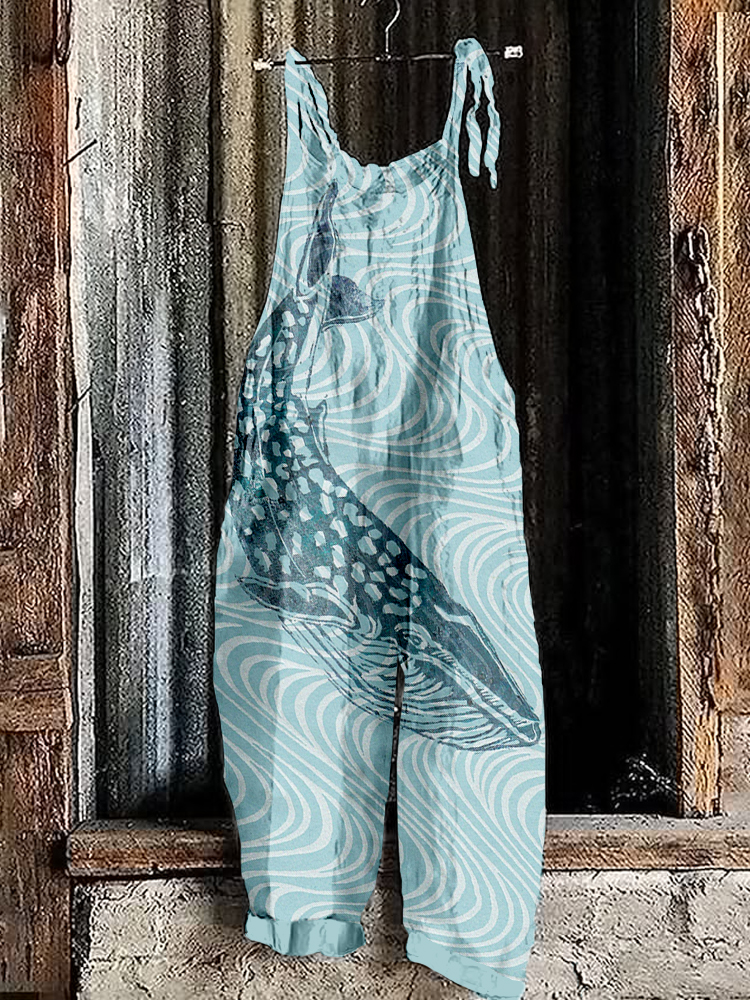 Ocean Whale Lino Art Linen Blend Loose Fit Jumpsuit