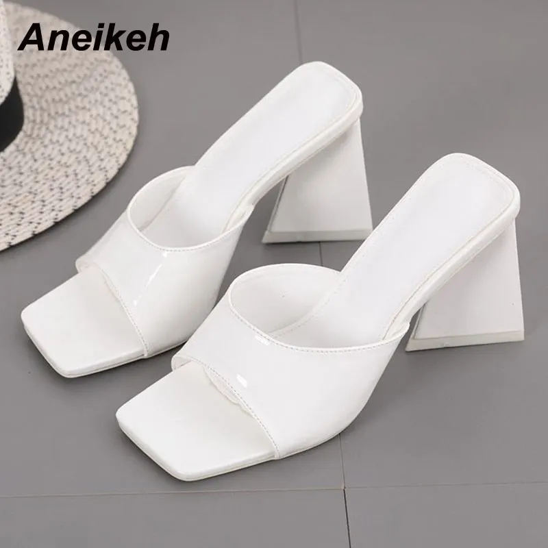 Aneikeh 2022 Summer New Fashion Concise Solid PU Shallow Mid Heel Slippers Women Lazy Slip On Beach Mules Square Open Toe 35-42