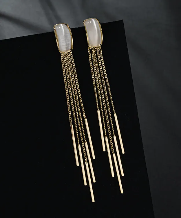 Skinny Gold Sterling Silver Alloy Cymophane Tassel Drop Earrings