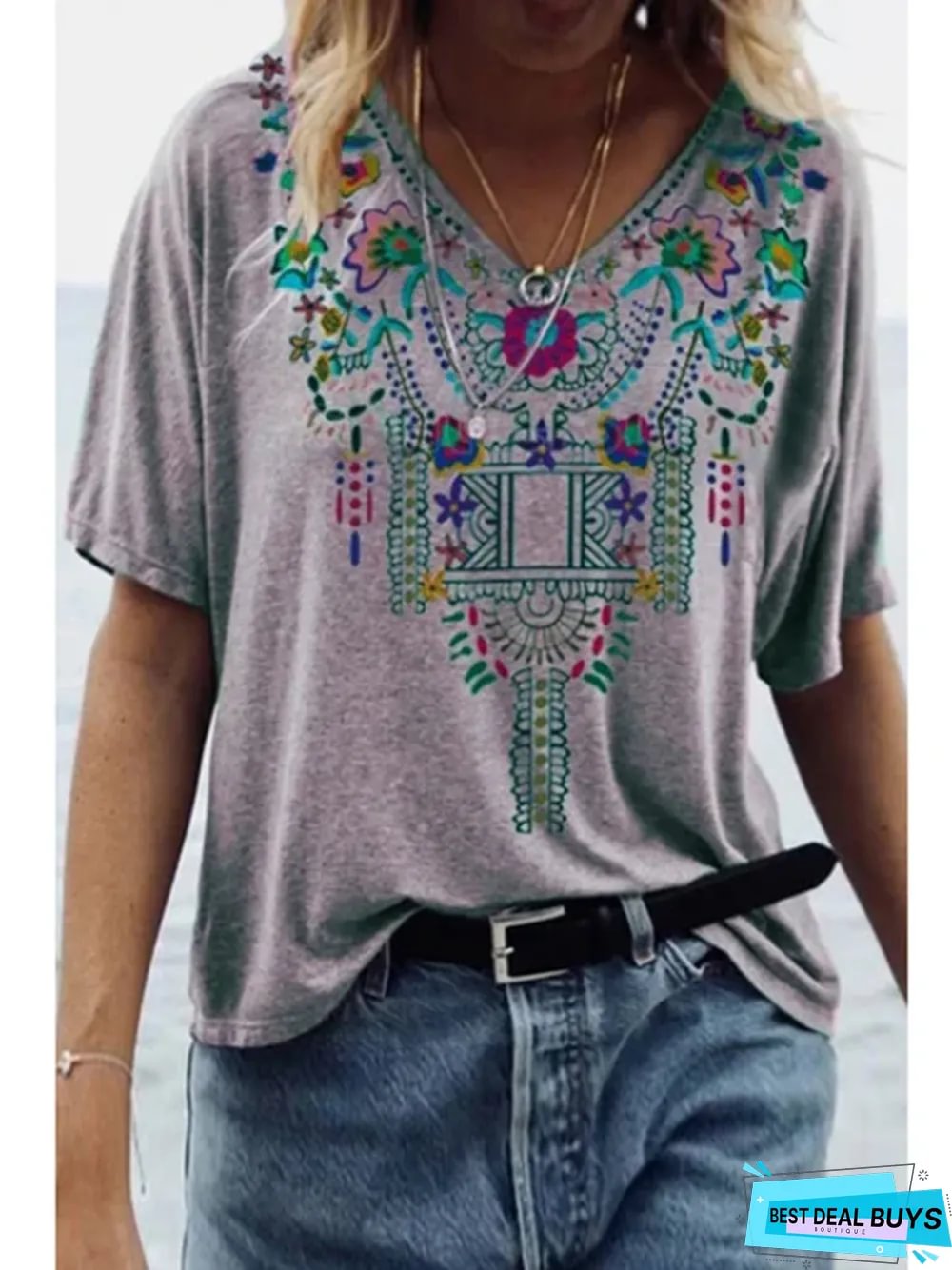 Women's Spring and Summer New Printed National Style V-Neck Short-Sleeved T-Shirt