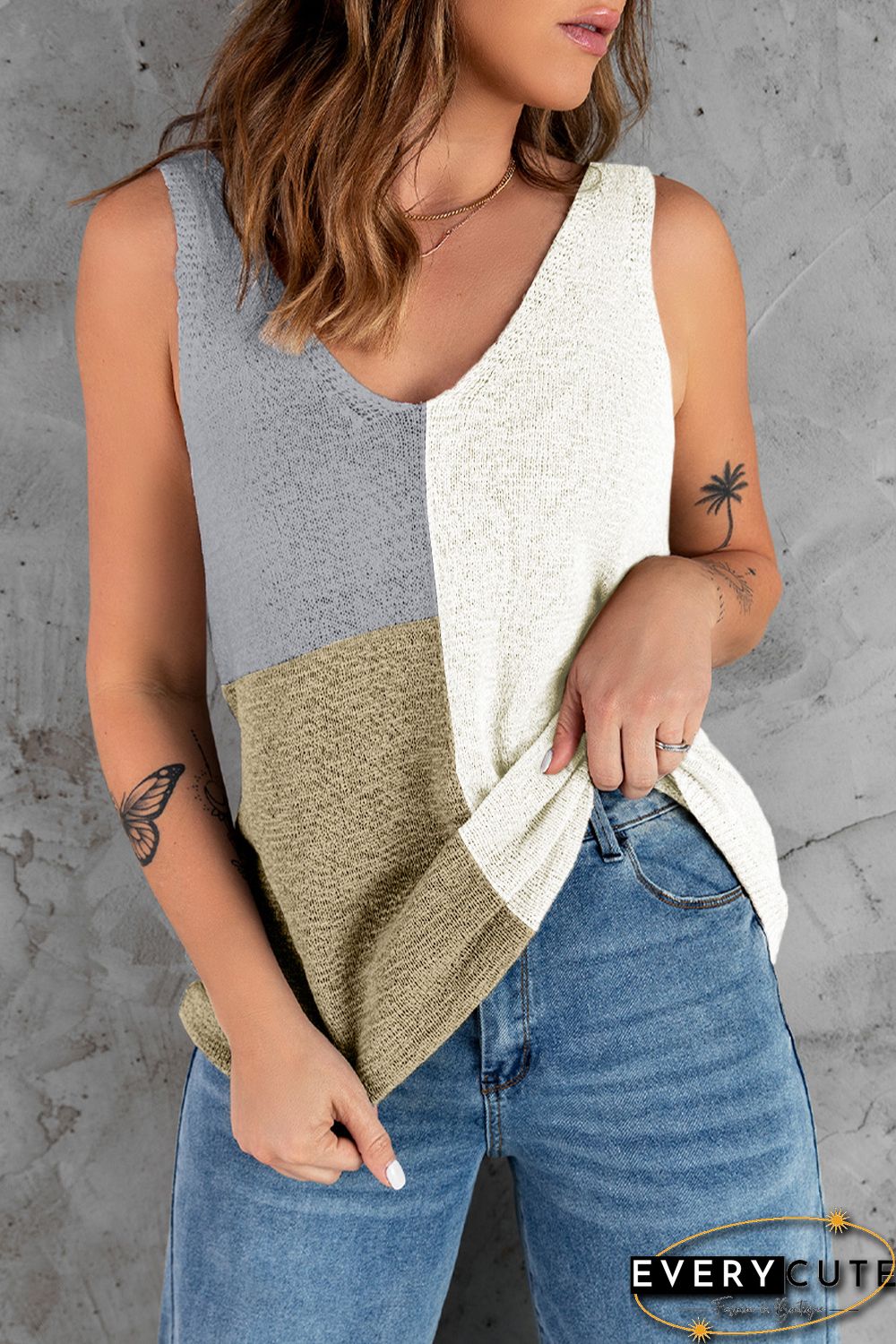 White Color Block Knitted Tank Top