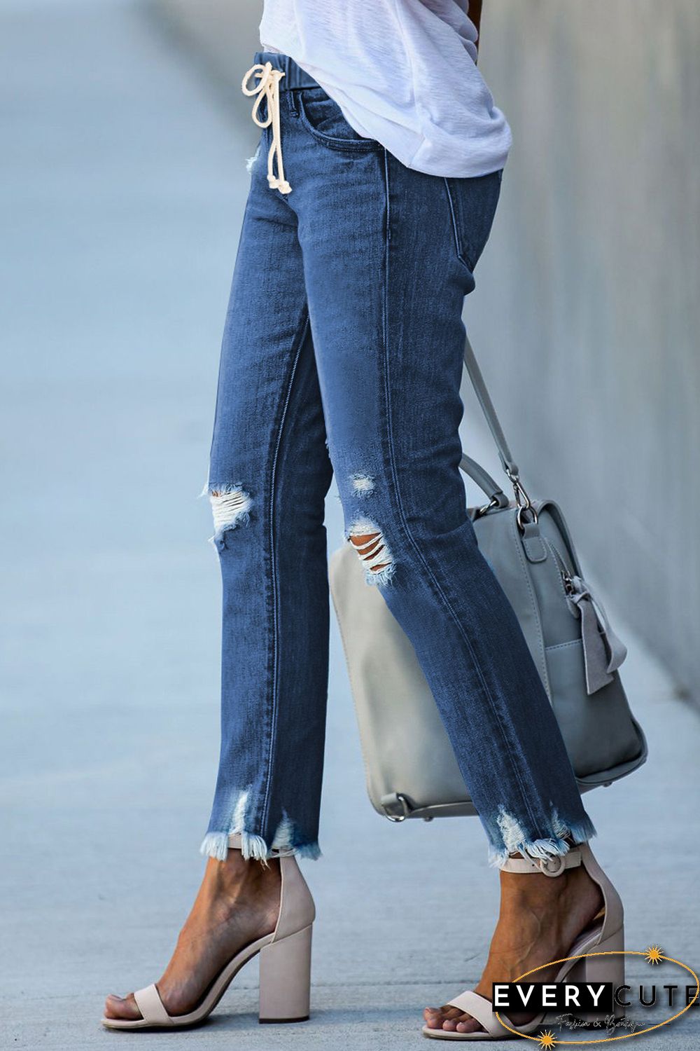 Dark Blue Elastic Waist Straight Leg Destroyed Raw Hem Jeans