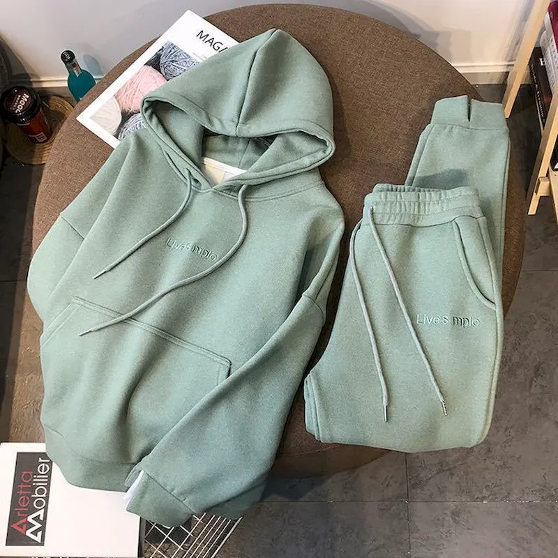 Autumn and winter new suit thickened plus velvet pullover hooded  women's suit sports and leisure two-piece trousers and leisure