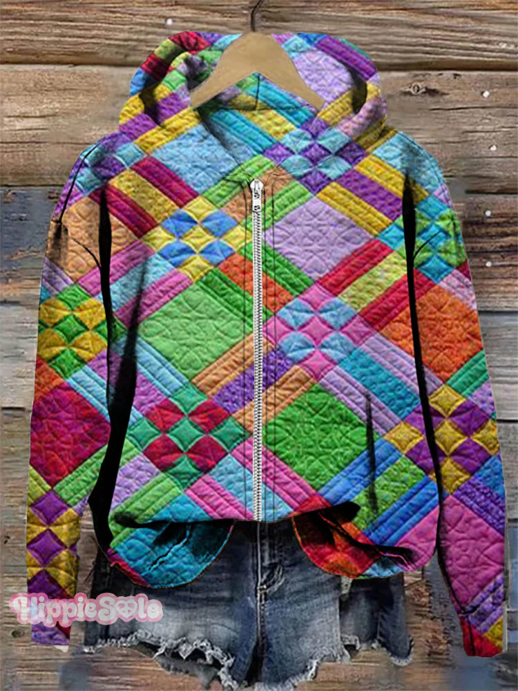 Retro Colorful Plaid Print Casual Zip Hoodie Sweatshirt Multicolor / S