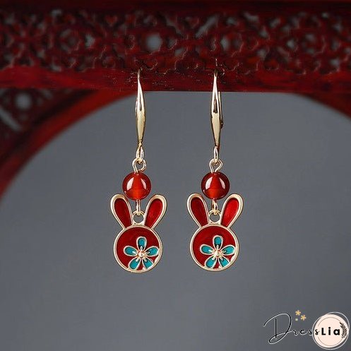 Red earrings antique rabbit earrings with cheongsam retro sterling silver ethnic earrings