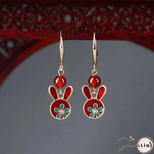 Red earrings antique rabbit earrings with cheongsam retro sterling silver ethnic earrings