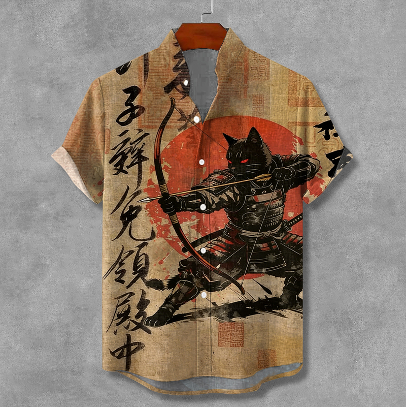 Men's Cat Samurai Archery Calligraphy Art Print Short Sleeve Shirt elevenforest