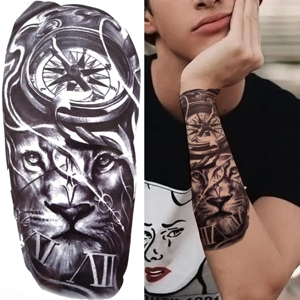 Sexy Rose Lion Flower Temporary Tattoos For Women Men Kids Boys Realistic Fake Wolf Tattoo Sticker Black Cross Compass Tatoos 1108-1