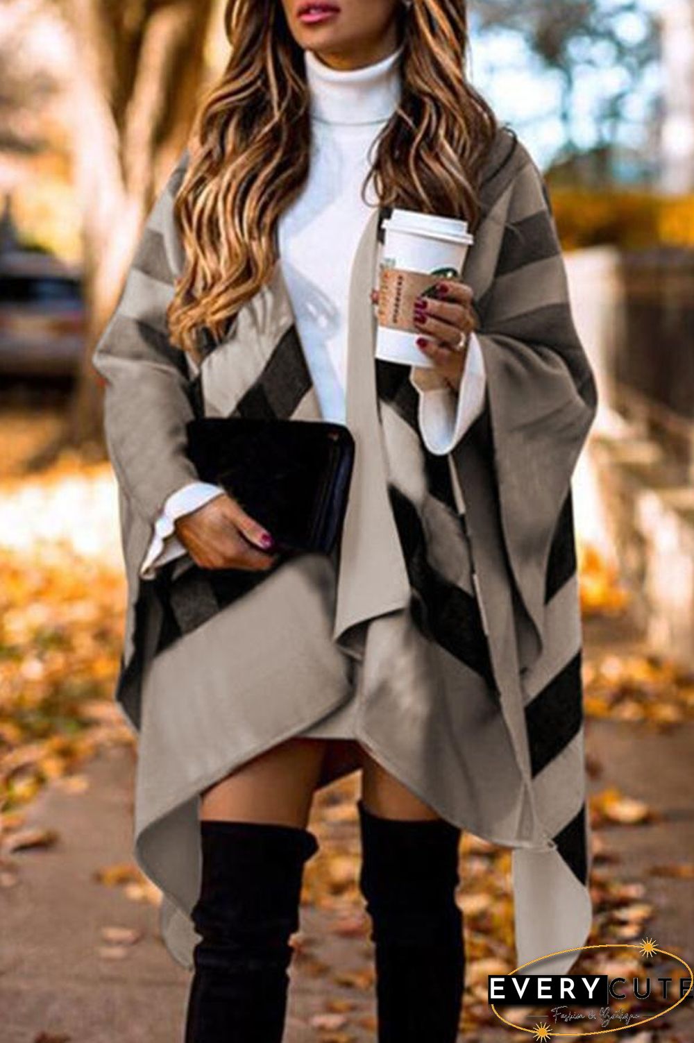 Split Sleeve Tartan Knee-Length Coat P15435