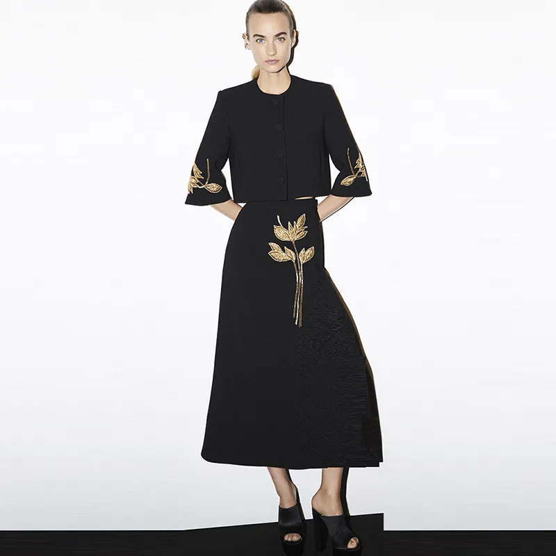 Nigikala Nigikala New Temperament Flower Heavy Industry Nails Seven-Sleeved Jacket Jacket Mid-Long Half Skirt Set