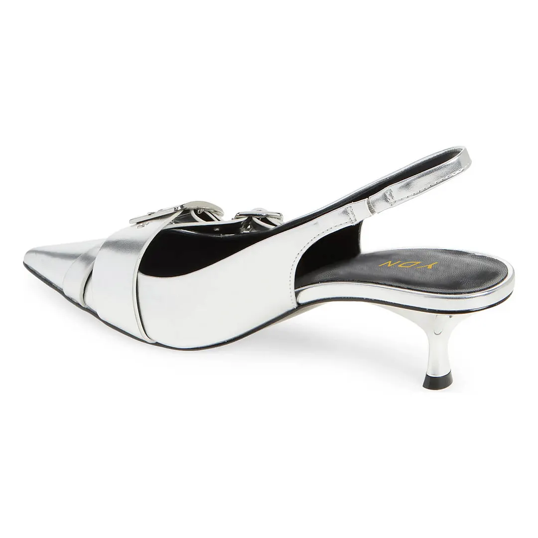 Silver Buckle Strap Pointed Toe Slingback Pumps with Kitten Heel