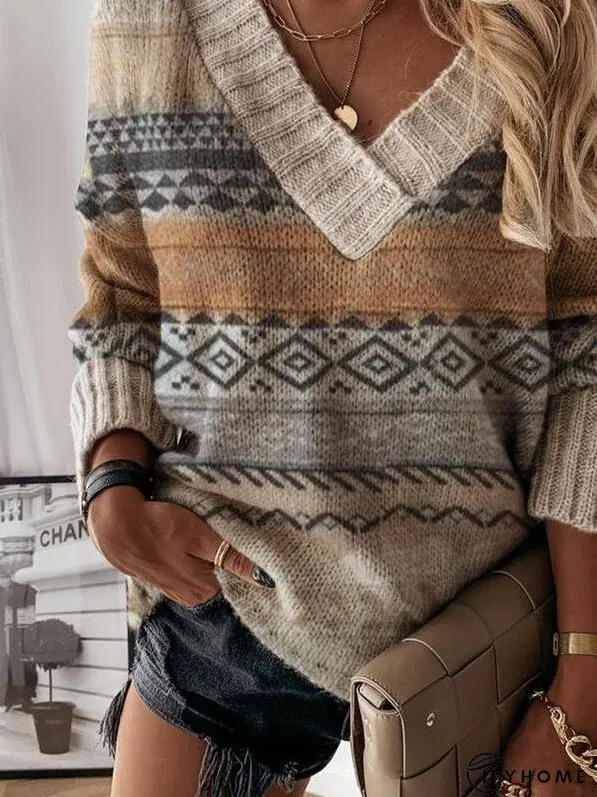 Women's Sweaters Vintage Printed V-Neck Long Sleeve Sweater | IFYHOME