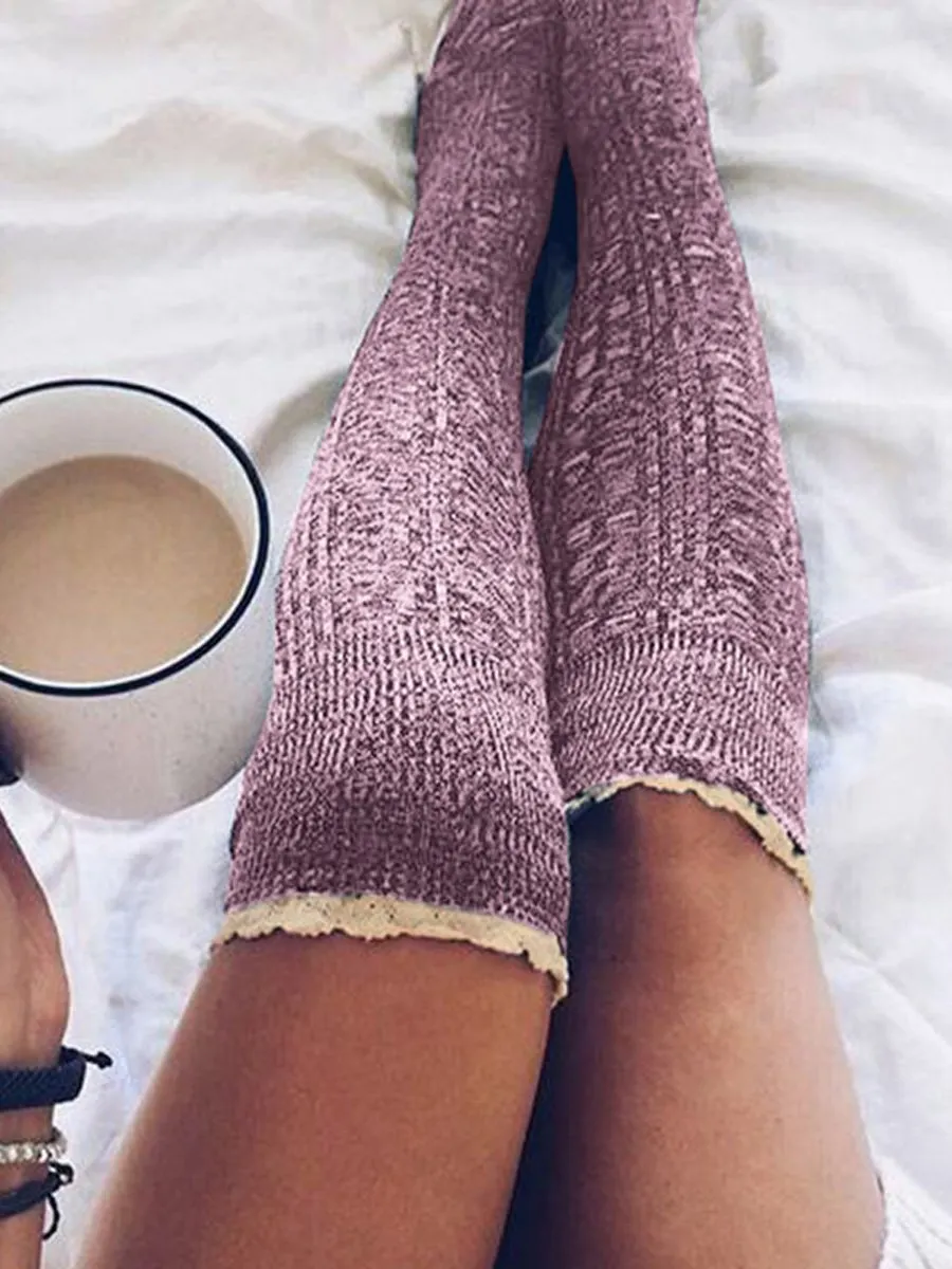 Lace Splicing Knitted Thigh-High Socks