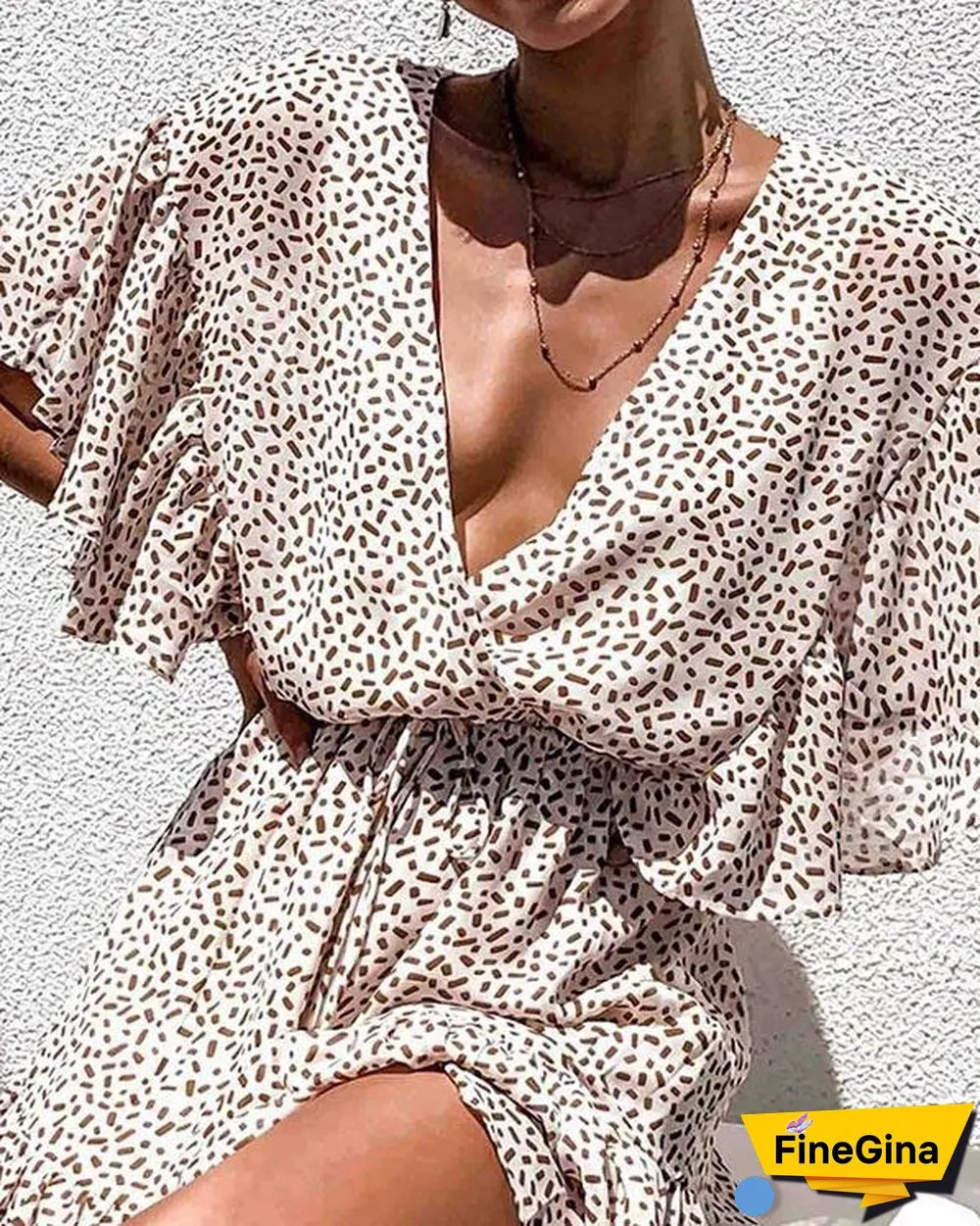 Sexy Elastic Waist Deep V-neck Ruffled Beach Dress