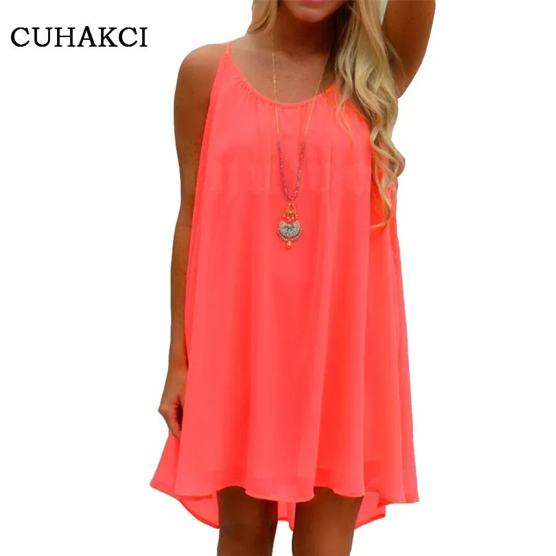 CUHAKCI Chiffon Mini Dress Women Summer Beach Sleeveless Fluorescence Female Clothing Loose