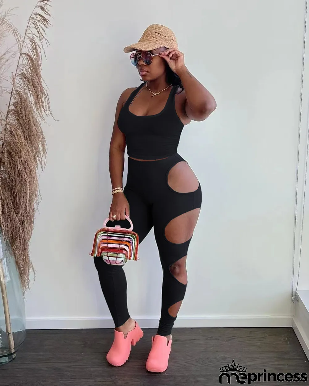 Solid Tank Top Hole Pants Two Piece Sets