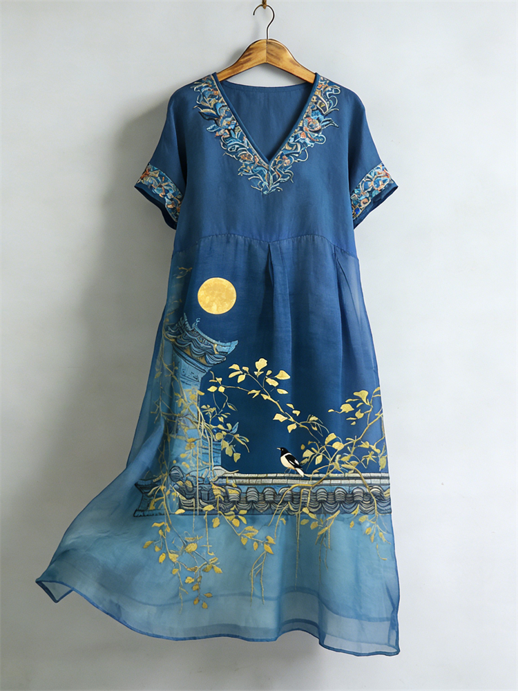 Comstylish Japanese Birds & Full Moon Scene Flowy Linen Maxi Dress