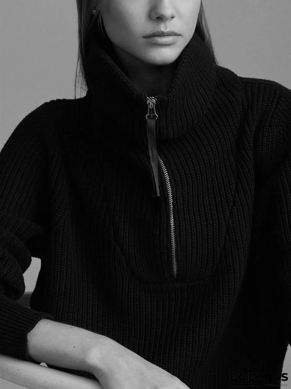 Solid Color Zipper Wide Neck Fashionable Casual Sweater | EGEMISS