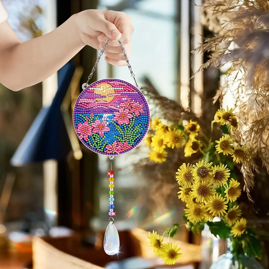 2Pcs Sunset Butterfly DIY Acrylic Diamond Painting Art Wind Chimes with Crystal Pendant Diamond Art Hanging Pendant Double-Sided for Adults Beginners Gift Home Garden Decor