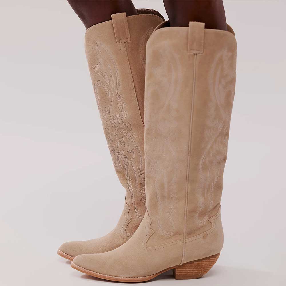 Beige Faux Suede Pointed Toe Embroidered Wide Calf Knee-High Cowgirl Boots