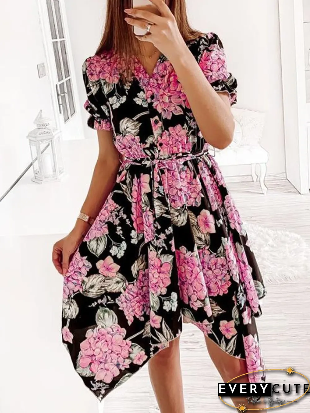 V-neck Print Short-sleeved High-low Midi Dress P16289