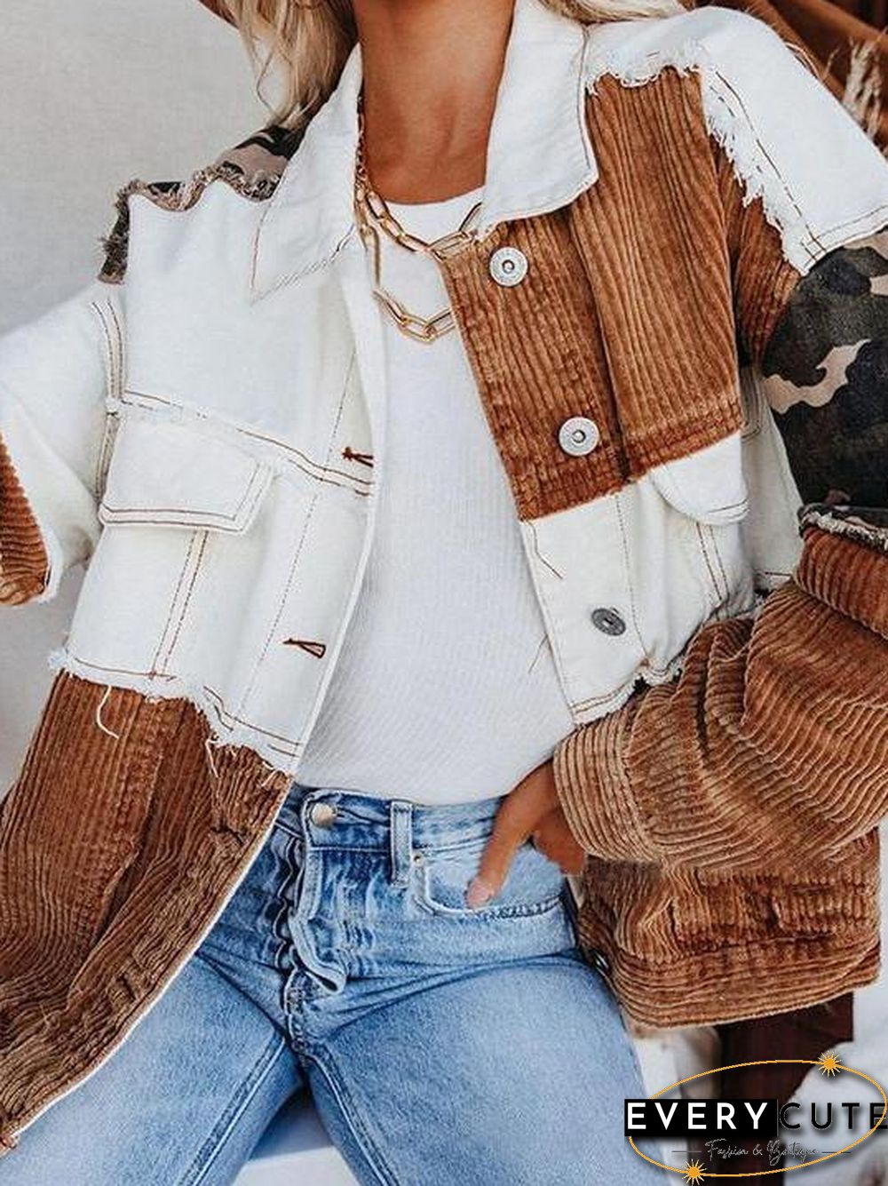 Women's Jackets Lapel Retro Camouflage Corduroy Jacket