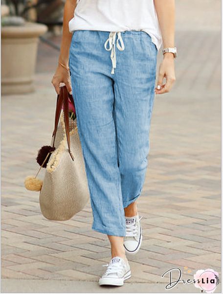 Pockets Cotton-Blend Solid Casual Pants