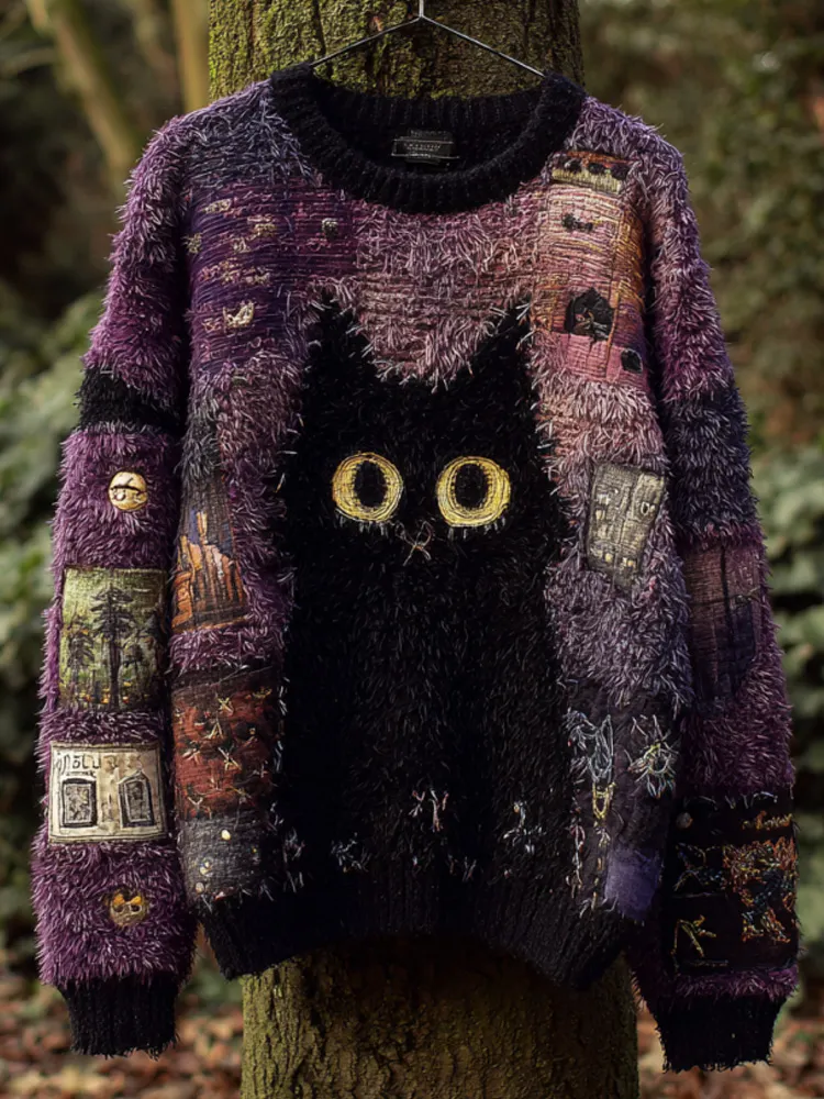 Women's Casual Vintage Halloween Black Cat Embroidered Sweater