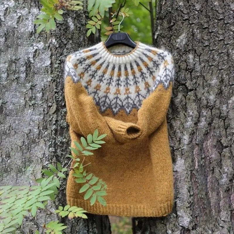 Vintage Yellow Icelandic Knit Jacquard Warmth Crew Neck Sweater Unisex