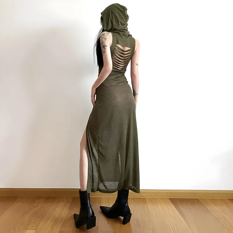 Brownm Hooded Cut Out Back Midi Dress