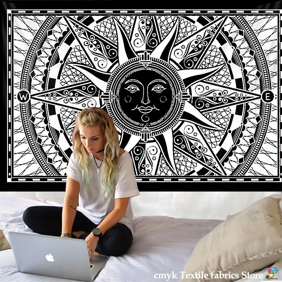White Black Sun Moon Mandala Tapestry Wall Hanging Celestial Hippie Carpets Dorm Decor Psychedelic Witchcraft Halloween
