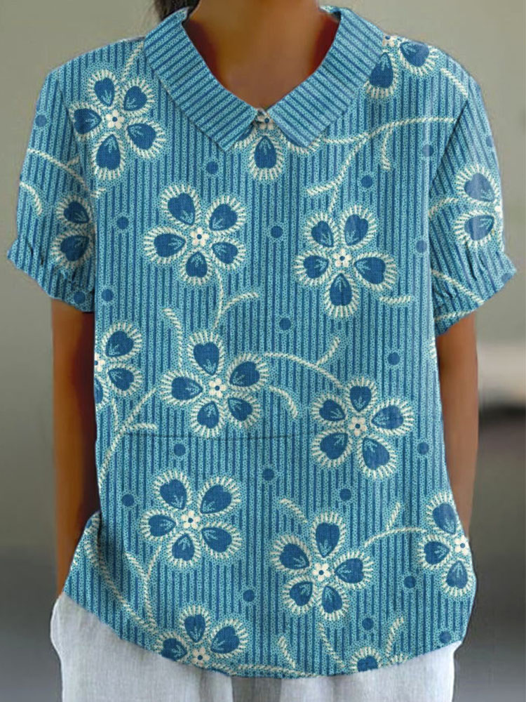 Floral Striped Pattern Linen Blend Shirt artswardrobe