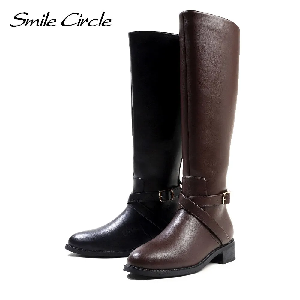 Smile Circle Knee-High Boots Women jockey Boots Warm Round toe Square Heels Equestrian Boots Winter over-the-knee Boots
