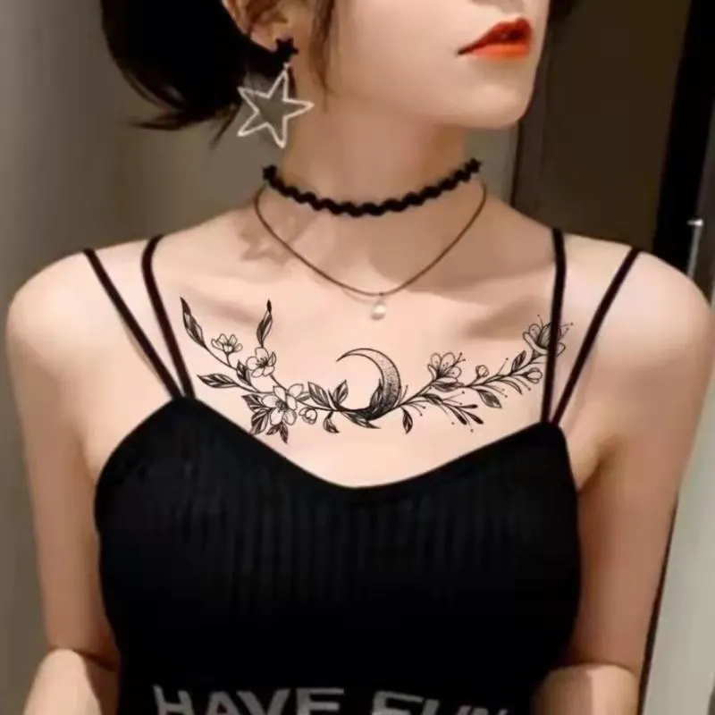 Dark Flower Temporary Tattoo Female Waterproof Sexy Gothic Clavicle Water Transfer Art Fake Tattoos Arm Chest Tattoo Stickers