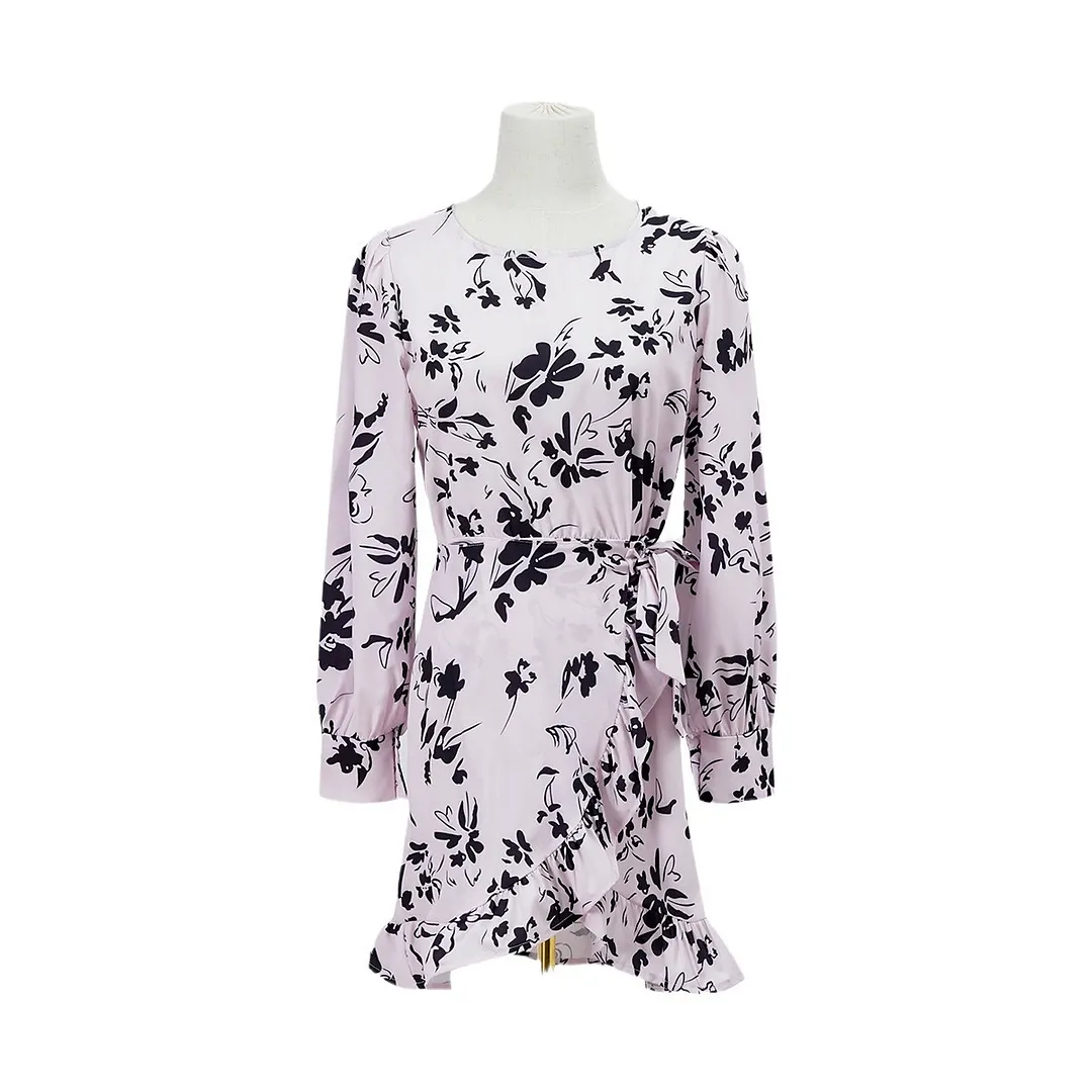 Churchf Women's Wear Station Autumn And Winter Print Round Collar Short Skirt Long Sleeve Dress
