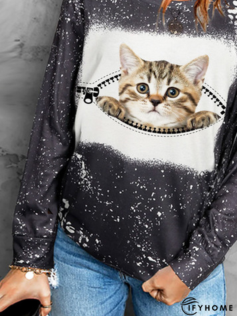 Loose Cat Printed Crew Neck Casual Sweatshirt | IFYHOME