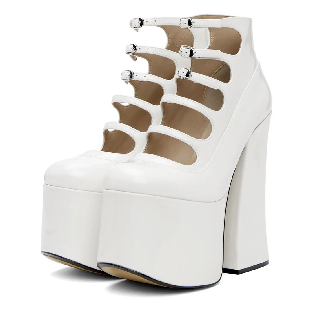 White Patent Leather Round Toe Platform Chunky Heels with Buckle Strap