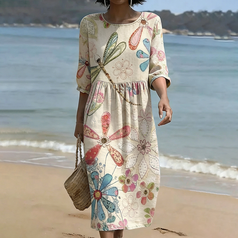 Comstylish Vintage Floral Art Linen Blend Loose Three-quarter Sleeve Dress