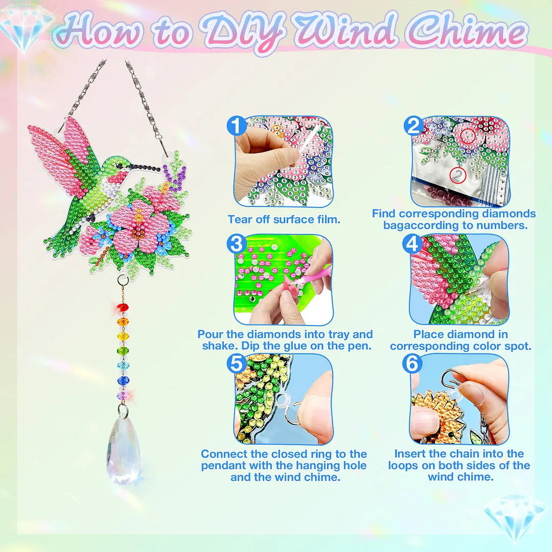 2Pcs Hummingbird Carrying Flowers DIY Double-Sided Diamond Painting Hanging Kits Diamond Painting Suncatcher Craft Kit for Home Garden Wall Decor Gift