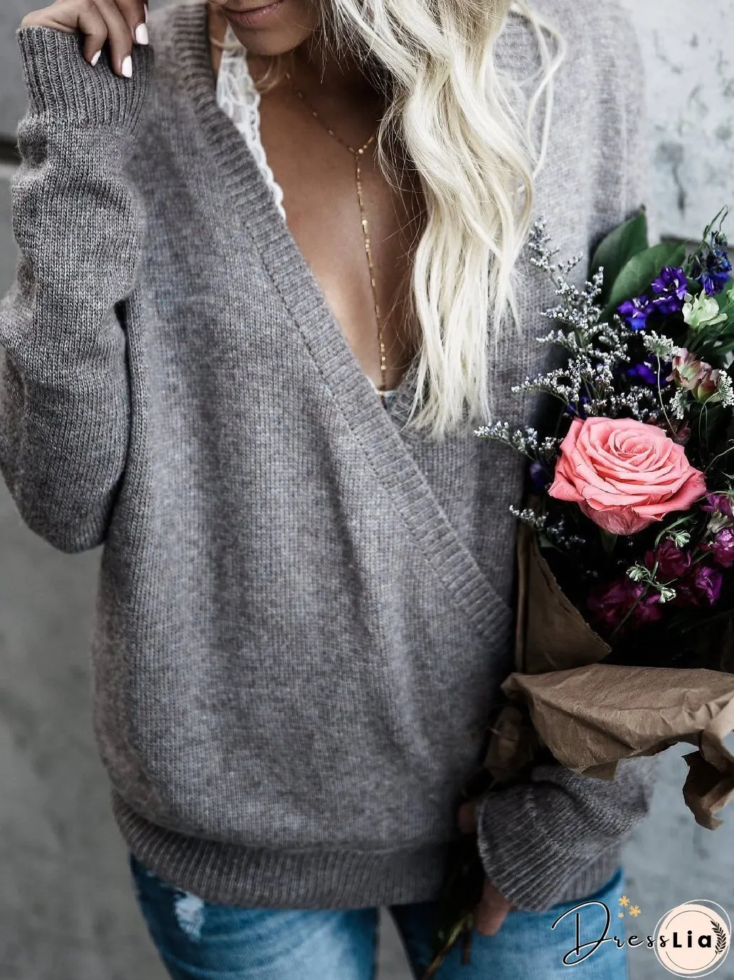 Deep V-Neck Long Sleeve Knitted Sweater