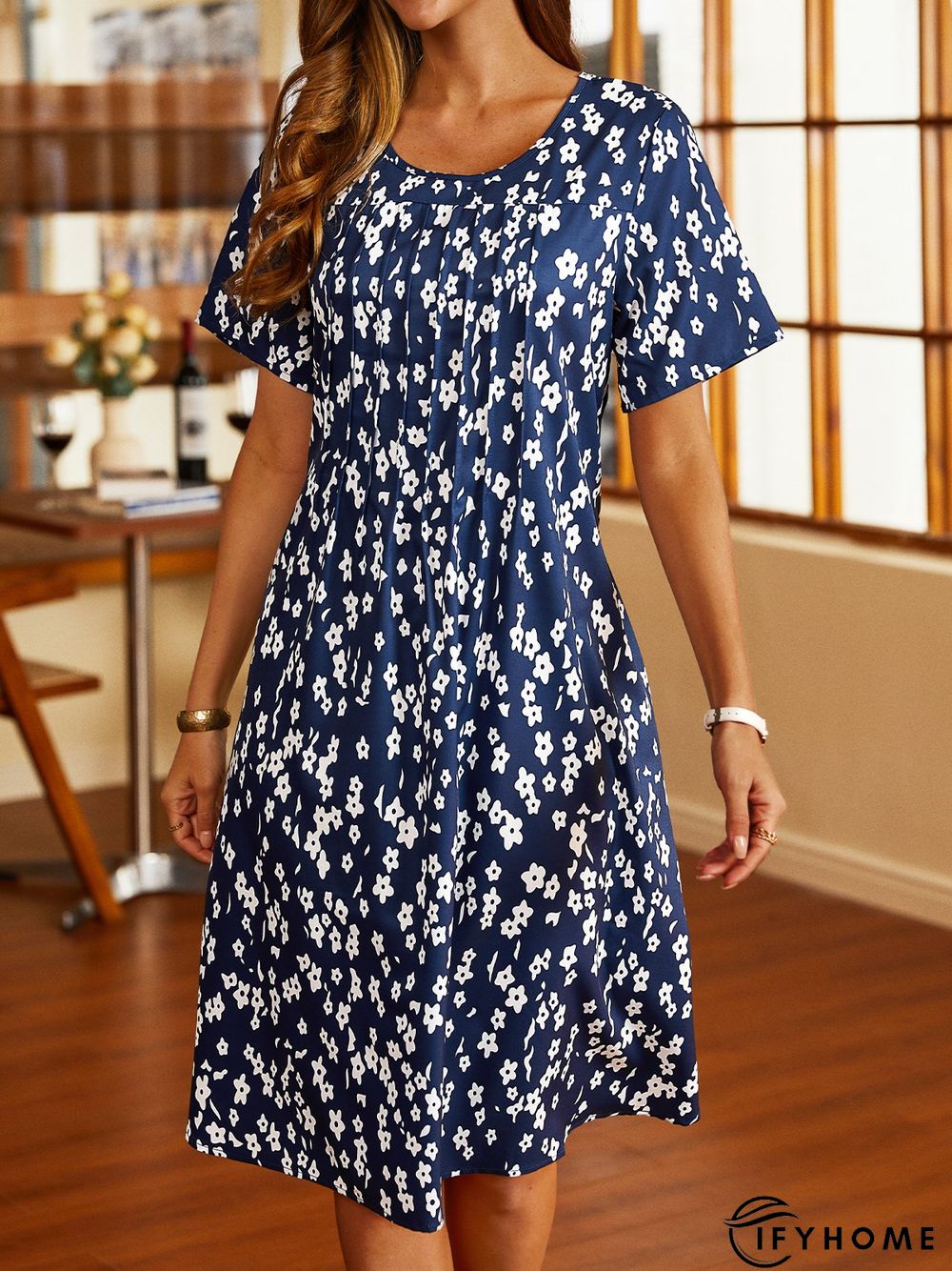 Floral Short Sleeve Casual Woven Dress | IFYHOME