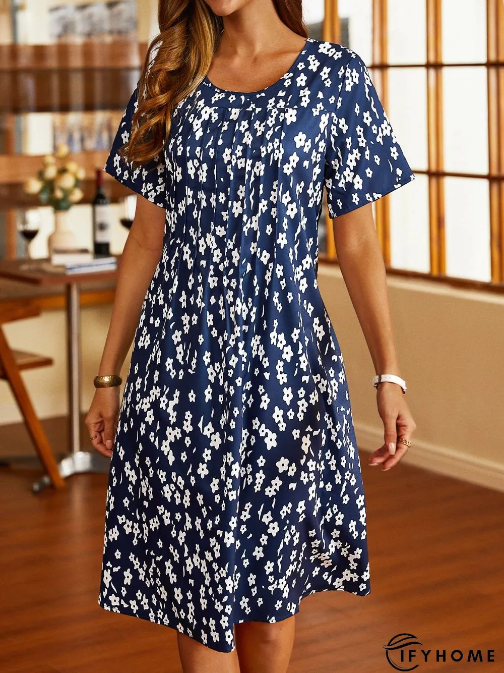 Floral Short Sleeve Casual Woven Dress | IFYHOME
