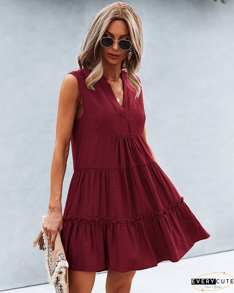 Frill Trim Notched Sleeveless Tiered Dress