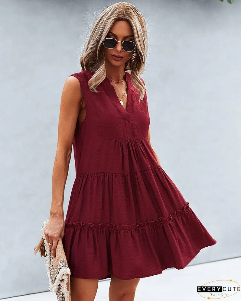 Frill Trim Notched Sleeveless Tiered Dress