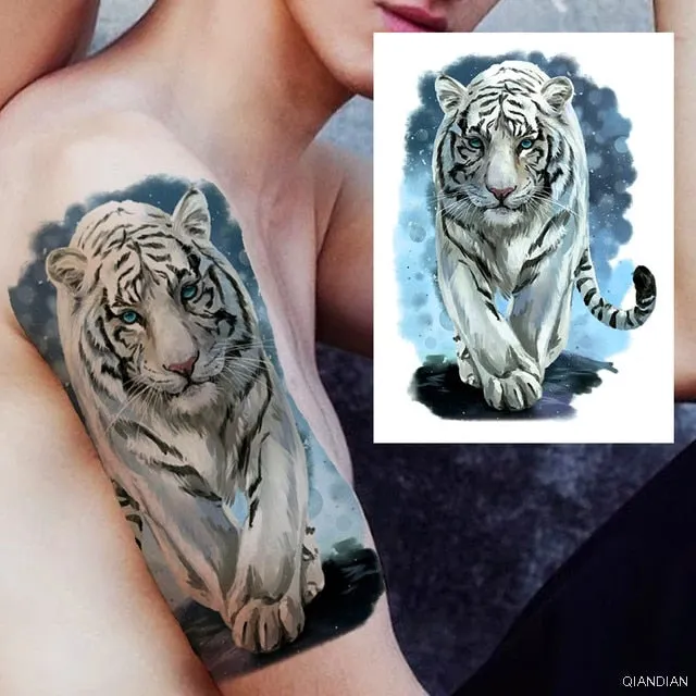 Large Tiger Lion Black Flower Fake Tattoo Sticker For Women Rose Fox BirdTemporary Tattoos DIY 3D Water Transfer Tatoos Girl Man