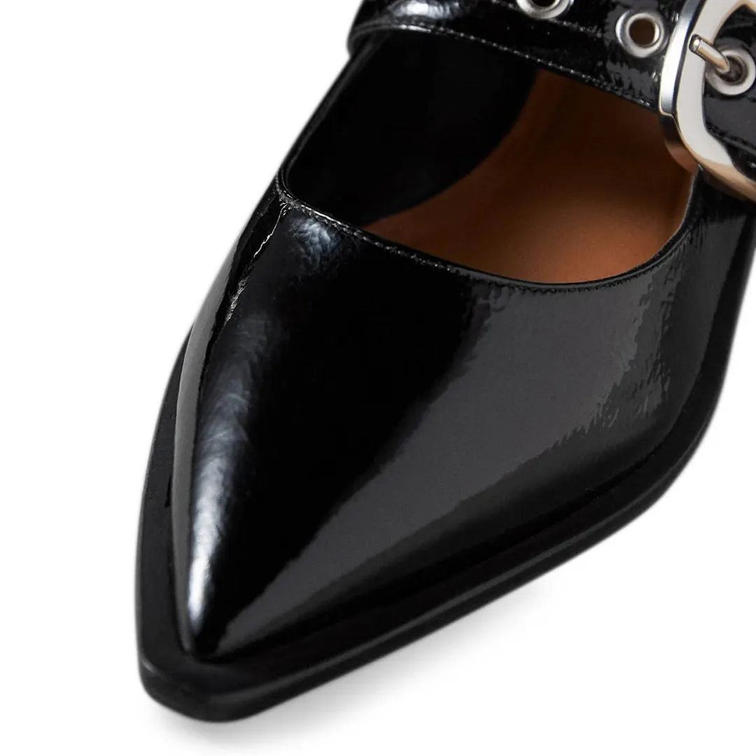 Patent Leather Pointed Toe Flat Buckle Strap Mary Jane Shoes in Black