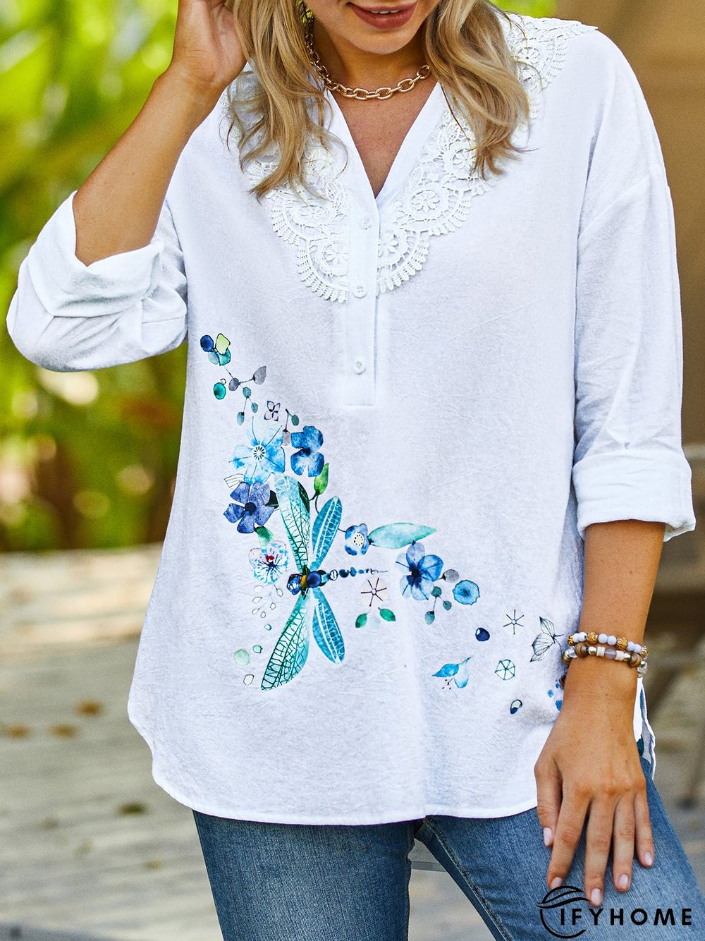 Floral Summer Casual Polyester Lightweight Daily Lace Loose Regular Tunic Blouse for Women | IFYHOME