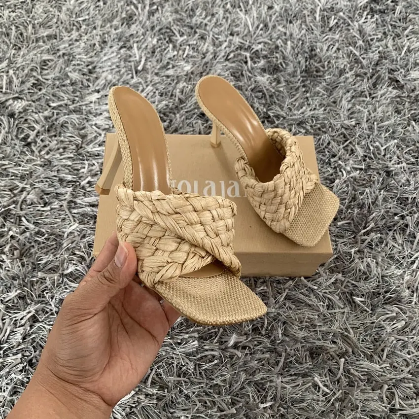 2022 Fashion Women Sandals Slipper New Summer Ladies Slides Square Open Toe High Heel Mules Slip On Sandal Shoes