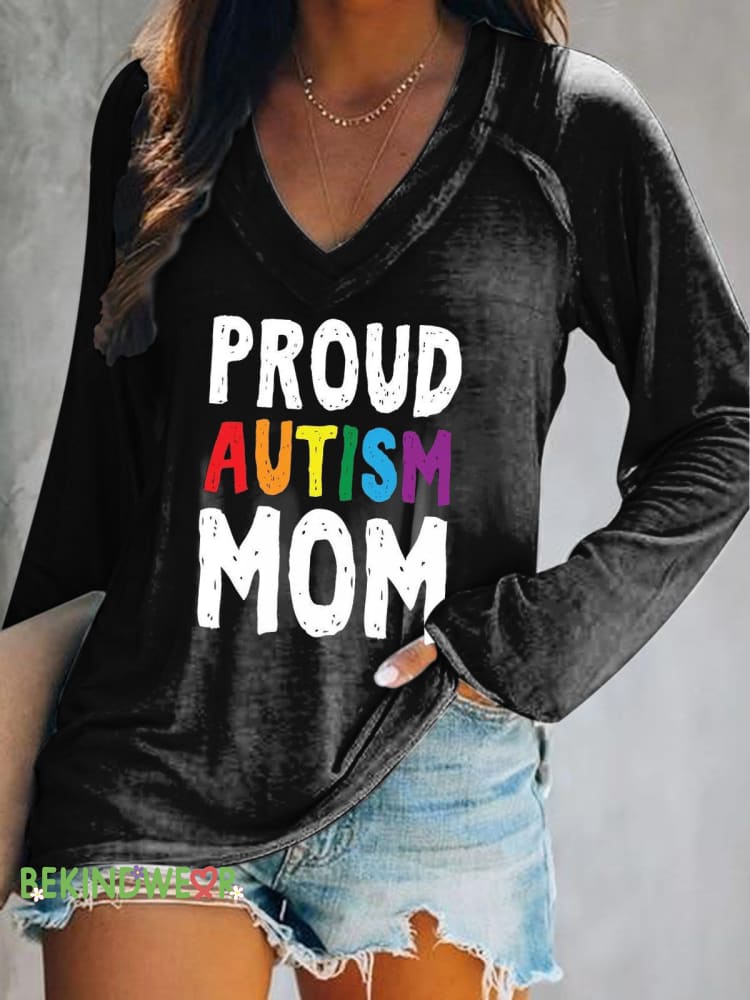 Proud Autism Mom Print Casual V-Neck Long Sleeve Top Color / S